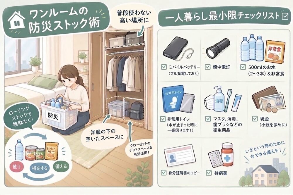 【9/1は防災の日！】ワンルームでもできる！一人暮らしの防災ストック術＆チェックリスト